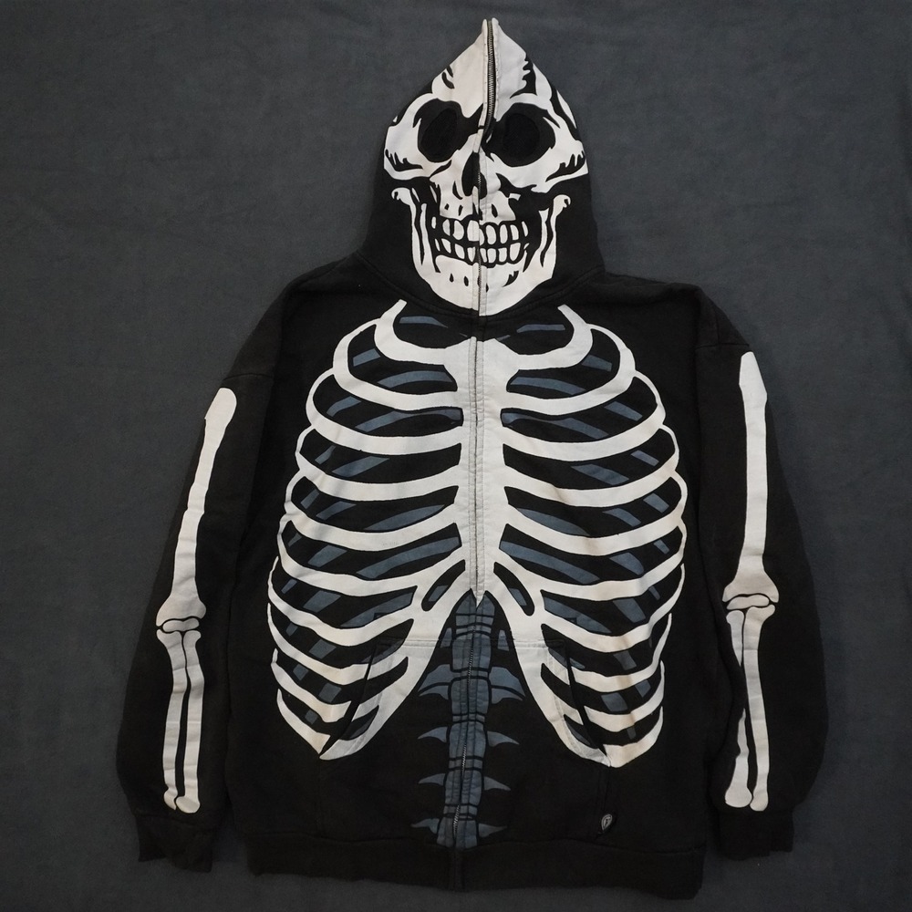 Hybrid Tees Skeleton Full Zip Mask Hoodie Black White Bone Print Streetwear L